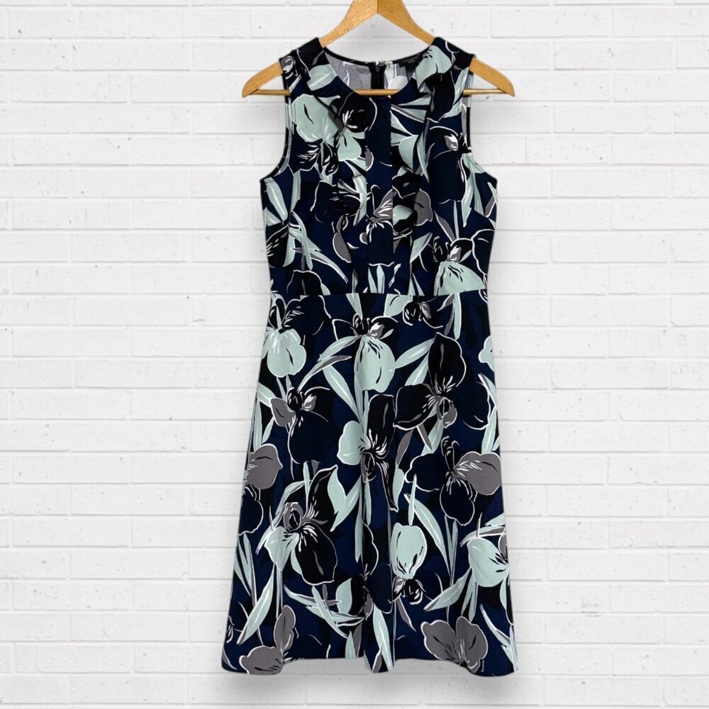ANN TAYLOR Navy Aqua Blue Ruffle Front Bodice Sleeveless A-Line Dress 8 Petite